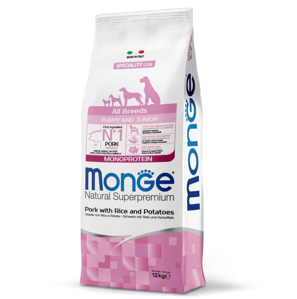 MONGE DOG PUPPY JUNIOR ALL PORK RICE sausā barība kucēniem Cūkgaļa, rīsi 12kg